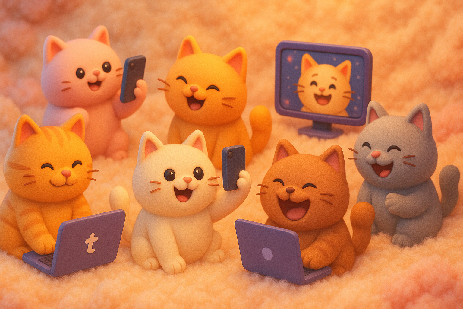 Cozy cats with devices background